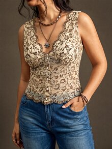 Nubod Plus Size Women's V-Neck Lace Fitted Versatile Everyday Top - Apricot - View 5