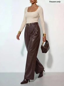 Zivah Women's Solid Color PU Leather Casual Versatile Daily Wear Long Pants - Brown - View 8