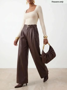 Zivah Women's Solid Color PU Leather Casual Versatile Daily Wear Long Pants - Brown - View 6