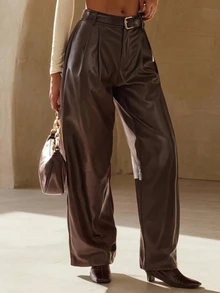 Zivah Women's Solid Color PU Leather Casual Versatile Daily Wear Long Pants - Brown - View 11