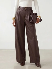 Zivah Women's Solid Color PU Leather Casual Versatile Daily Wear Long Pants - Brown - View 2