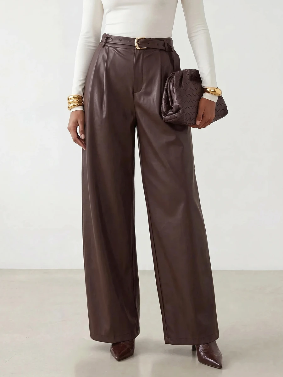 Zivah Women's Solid Color PU Leather Casual Versatile Daily Wear Long Pants