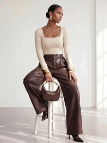 Zivah Women's Solid Color PU Leather Casual Versatile Daily Wear Long Pants - Brown - View 5