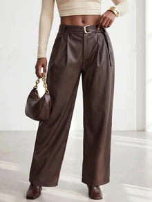 Zivah Women's Solid Color PU Leather Casual Versatile Daily Wear Long Pants - Brown - View 10