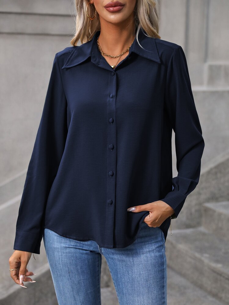 EMERY ROSE Camisa con botones al frente, blusas de manga larga - Azul Marino - Añade 4