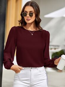 EMERY ROSE Blusa con mangas de farol y escote en la espalda, blusas de manga larga - Granate - Ver 5