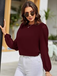 EMERY ROSE Blusa con mangas de farol y escote en la espalda, blusas de manga larga - Granate - Ver 4