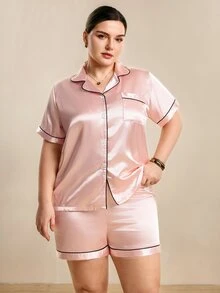 Hourtrue [Elegant Fields]2pcs Plus Size Women Satin Short Sleeve Collared Top With Pockets And Bow Shorts Sleepwear Set, Outfits - Pink - View 4