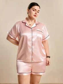 Hourtrue [Elegant Fields]2pcs Plus Size Women Satin Short Sleeve Collared Top With Pockets And Bow Shorts Sleepwear Set, Outfits - Pink - View 7