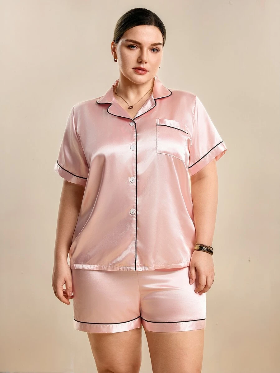 Hourtrue [Elegant Fields]2pcs Plus Size Women Satin Short Sleeve Collared Top With Pockets And Bow Shorts Sleepwear Set, Outfits - Pink - View 1