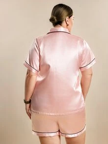 Hourtrue [Elegant Fields]2pcs Plus Size Women Satin Short Sleeve Collared Top With Pockets And Bow Shorts Sleepwear Set, Outfits - Pink - View 2