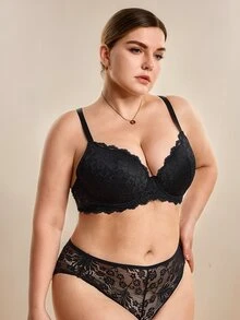 Hourtrue MIMILEMON 大码女士黑色蕾丝无缝全罩杯钢圈文胸，宽肩带，塑形，日常穿着 - 黑色 - 查看 5