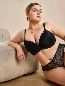 Hourtrue MIMILEMON 大码女士黑色蕾丝无缝全罩杯钢圈文胸，宽肩带，塑形，日常穿着 - 黑色 - 查看 8