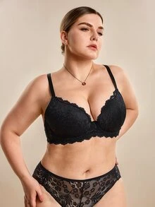 Hourtrue MIMILEMON 大码女士黑色蕾丝无缝全罩杯钢圈文胸，宽肩带，塑形，日常穿着 - 黑色 - 查看 6