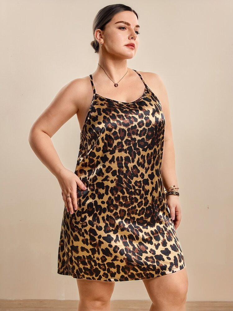Hourtrue Camiseta de satén con estampado de leopardo para pijama y ropa de dormir de talla grande - Multicolor - Añade 7