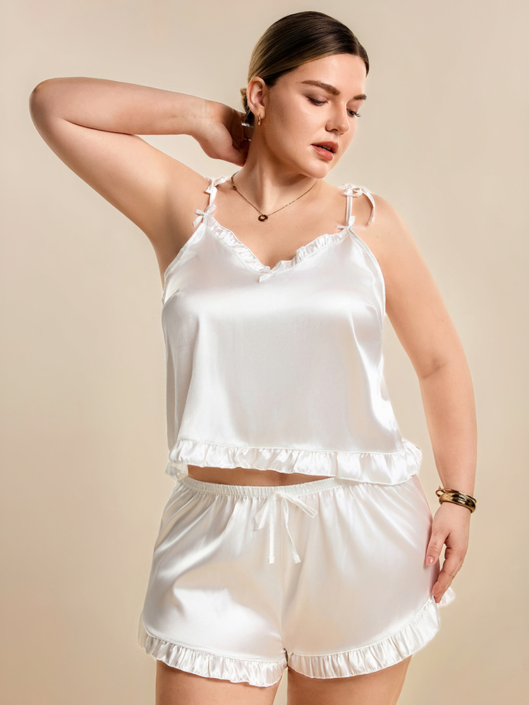 Hourtrue Plus Size Sexy Ruffle Trim Spaghetti Strap Cami Top & Shorts Pajamas Set, Satin Fabric, Simple And Comfortable Loungewear Holiday Season - White - View 3