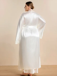 Hourtrue Plus Size Faux Silk Side Slit Contrast Lace Camisole Maxi Dress And Robe Set, Fall Winter Clothes - White - View 2