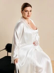 Hourtrue Plus Size Faux Silk Side Slit Contrast Lace Camisole Maxi Dress And Robe Set, Fall Winter Clothes - White - View 9