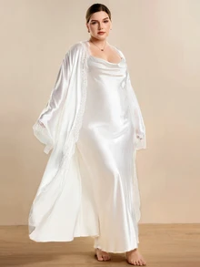 Hourtrue Plus Size Faux Silk Side Slit Contrast Lace Camisole Maxi Dress And Robe Set, Fall Winter Clothes - White - View 8