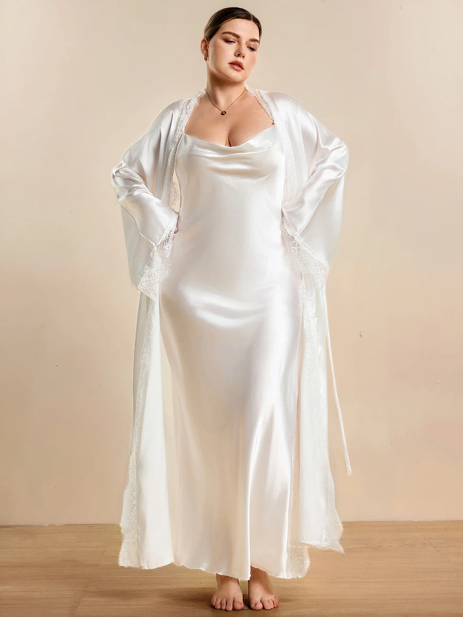 Hourtrue Plus Size Faux Silk Side Slit Contrast Lace Camisole Maxi Dress And Robe Set, Fall Winter Clothes - White - View 1