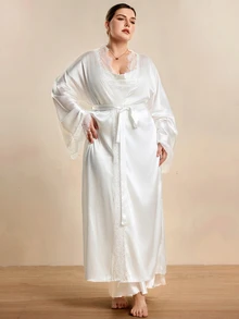 Hourtrue Plus Size Faux Silk Side Slit Contrast Lace Camisole Maxi Dress And Robe Set, Fall Winter Clothes - White - View 5
