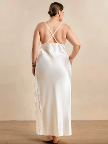 Hourtrue Plus Size Faux Silk Side Slit Contrast Lace Camisole Maxi Dress And Robe Set, Fall Winter Clothes - White - View 3