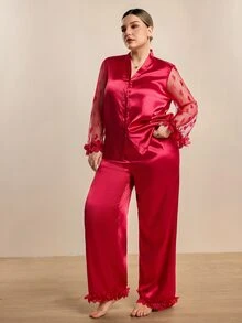 Hourtrue Plus Size Heart Mesh Patchwork Sheer Sleeve V Neck Cardigan & Long Pants Pajama Set - Red - View 4