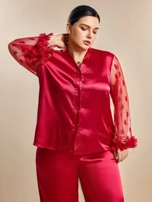 Hourtrue Plus Size Heart Mesh Patchwork Sheer Sleeve V Neck Cardigan & Long Pants Pajama Set - Red - View 7
