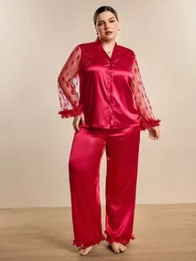 Hourtrue Plus Size Heart Mesh Patchwork Sheer Sleeve V Neck Cardigan & Long Pants Pajama Set - Red - View 1
