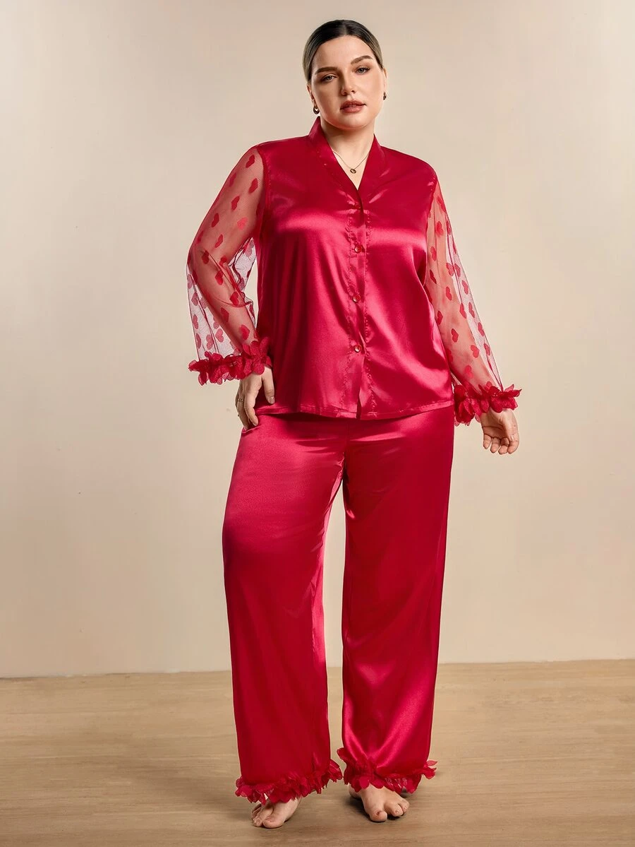 Hourtrue Plus Size Heart Mesh Patchwork Sheer Sleeve V Neck Cardigan & Long Pants Pajama Set - Red - View 1