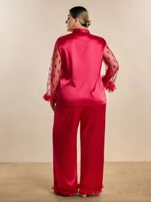Hourtrue Plus Size Heart Mesh Patchwork Sheer Sleeve V Neck Cardigan & Long Pants Pajama Set - Red - View 2