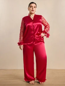 Hourtrue Plus Size Heart Mesh Patchwork Sheer Sleeve V Neck Cardigan & Long Pants Pajama Set - Red - View 3