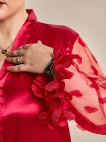 Hourtrue Plus Size Heart Mesh Patchwork Sheer Sleeve V Neck Cardigan & Long Pants Pajama Set - Red - View 6