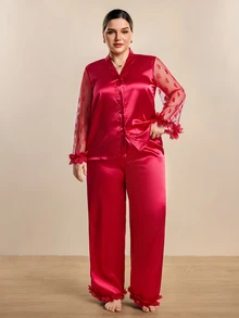 Hourtrue Plus Size Heart Mesh Patchwork Sheer Sleeve V Neck Cardigan & Long Pants Pajama Set - Red - View 5