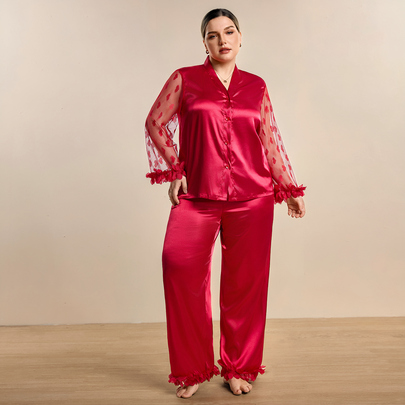 Plus Size Heart Mesh Patchwork Sheer Sleeve V Neck Cardigan & Long Pants Pajama…