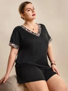 Hourtrue 大码女式豹纹拼布 V 领短袖上衣和短裤休闲睡衣套装 - 黑色 - 查看 8