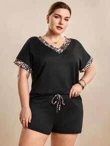 Hourtrue 大码女式豹纹拼布 V 领短袖上衣和短裤休闲睡衣套装 - 黑色 - 查看 1