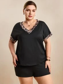 Hourtrue 大码女式豹纹拼布 V 领短袖上衣和短裤休闲睡衣套装 - 黑色 - 查看 4