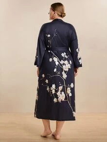 Hourtrue 大码优雅黑色花卉印花系带长款夏季睡袍，适合秋冬季穿着 - 黑色 - 查看 2
