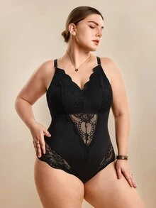 Hourtrue Plus Size Black Lace Trim Moderate Compression Body Shaper Sexy Lingerie For Women - Black - View 7