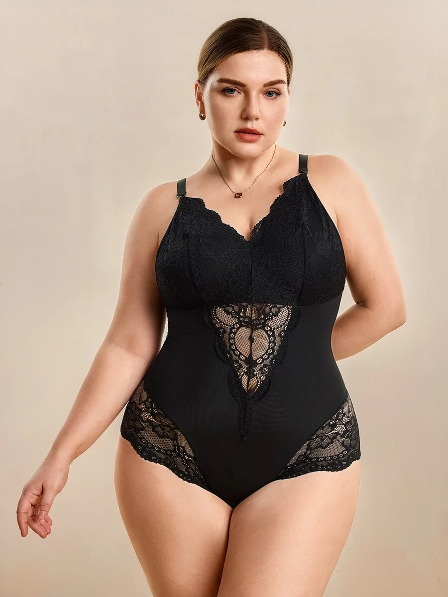 Hourtrue Plus Size Black Lace Trim Moderate Compression Body Shaper Sexy Lingerie For Women - Black - View 1