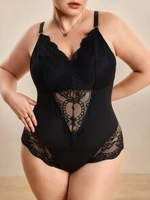 Hourtrue Plus Size Black Lace Trim Moderate Compression Body Shaper Sexy Lingerie For Women - Black - View 6