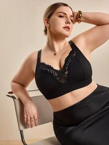 Hourtrue 大码女士无钢圈文胸，透气防滑蕾丝拼接提拉可调节肩带无缝日常穿着 - 黑色 - 查看 6