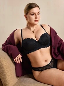 Hourtrue 大码女士黑色蕾丝无肩带钢圈文胸 - 透气舒适，适合度假穿着 - 黑色 - 查看 3
