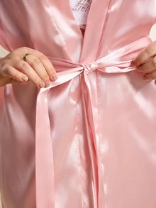 Hourtrue 大码女式纯色七分袖拱形仿丝睡袍，奢华家居服，适合秋冬季穿着 - 淺粉色 - 查看 5