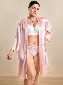 Hourtrue 大码女式纯色七分袖拱形仿丝睡袍，奢华家居服，适合秋冬季穿着 - 淺粉色 - 查看 6