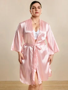 Hourtrue 大码女式纯色七分袖拱形仿丝睡袍，奢华家居服，适合秋冬季穿着 - 淺粉色 - 查看 4
