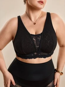 Hourtrue Plus Size Women Lace Patchwork Seamless Underwear, Suitable For Daily Wear And Various Occasions - Black - View 3