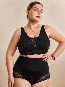 Hourtrue Plus Size Women Lace Patchwork Seamless Underwear, Suitable For Daily Wear And Various Occasions - Black - View 5