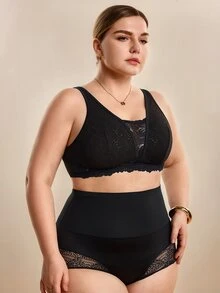 Hourtrue Plus Size Women Lace Patchwork Seamless Underwear, Suitable For Daily Wear And Various Occasions - Black - View 6